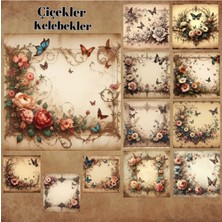 Pink Swan Craft Çiçekler ve Kelebekler Vintage 12 Adet Scrapbook Bullet Journal Mat Planlayıcı Sticker Etiket Seti