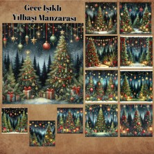 Pink Swan Craft Işıklı Yılbaşı Gece Manzarası Vintage 12 Adet Scrapbook Bullet Journal Mat Planlayıcı Sticker Etiket