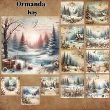 Pink Swan Craft Ormanda Kış Vintage 12 Adet Scrapbook Bullet Journal Mat Planlayıcı Sticker Etiket Seti