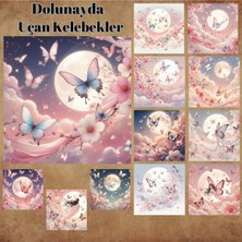 Pink Swan Craft Pembe Dolunayda Uçan Kelebekler Vintage 12 Adet Scrapbook Bullet Journal Mat Sticker Etiket Seti