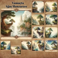 Pink Swan Craft Yamaçta Ağaç ve Manzara Vintage 12 Adet Scrapbook Bullet Journal Mat Planlayıcı Sticker Etiket Seti