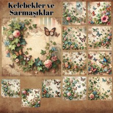 Pink Swan Craft Kelebekler ve Sarmaşıklar Vintage 12 Adet Scrapbook Bullet Journal Mat Planlama Sticker Etiket Seti