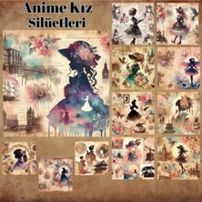 Pink Swan Craft Anime Kız Silüetleri Vintage 12 Adet Scrapbook Bullet Journal Mat Planlayıcı Sticker Etiket Seti