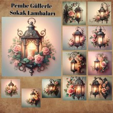 Pink Swan Craft Pembe Güller ve Sokak Lambaları Vintage 12 Adet Scrapbook Bullet Journal Mat Planlayıcı Sticker