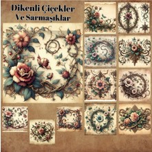 Pink Swan Craft Dikenli Çiçekler ve Sarmaşıklar Vintage 12 Adet Scrapbook Bullet Journal Mat Planlayıcı Sticker