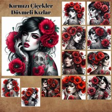 Pink Swan Craft Kırmızı Çiçekler ve Dövmeli Kızlar 12 Adet Scrapbook Bullet Journal Mat Planlayıcı Sticker Etiket