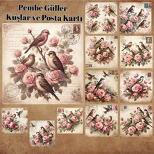 Pink Swan Craft Posta Kartında Güller ve Kuşlar Vintage 12 Adet Scrapbook Bullet Journal Mat Planlayıcı Sticker