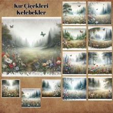 Pink Swan Craft Kır Çiçekleri ve Kelebekler Vintage 12 Adet Scrapbook Bullet Journal Mat Planlayıcı Sticker Etiket