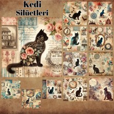 Pink Swan Craft Kedi Silüetleri Vintage 12 Adet Scrapbook Bullet Journal Mat Planlayıcı Sticker Etiket Seti
