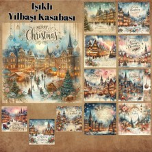 Pink Swan Craft Işıklı Yılbaşı Kasabası Vintage 12 Adet Scrapbook Bullet Journal Mat Planlayıcı Sticker Etiket Seti