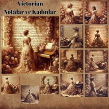 Pink Swan Craft Müzik Arka Planlı Çiçek Elbiseli Kadınlar Vintage 12 Adet Scrapbook Bullet Journal Mat Plan Sticker