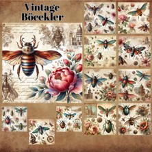 Pink Swan Craft Böcekler Vintage 12 Adet Scrapbook Bullet Journal Mat Planlayıcı Sticker Etiket Seti