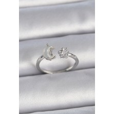 Clariss Pirinç Gümüş Renk Incili Hilal Zirkon Taşlı Yıldız Ayarlanabilir Kadın Yüzük