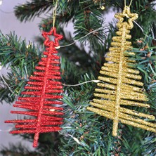 Yılbaşı Ağaç Süsü Simli Çam Ağacı Yıldızlı 2 Li 14 cm