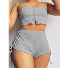 Mazıdağı Kadın Ip Askılı Crop Bluz ve Yanlardan Büzgülü Ikili Kaşkorse Short Takım