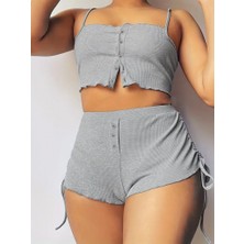 Mazıdağı Kadın Ip Askılı Crop Bluz ve Yanlardan Büzgülü Ikili Kaşkorse Short Takım