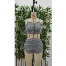Mazıdağı Kadın Ip Askılı Crop Bluz ve Yanlardan Büzgülü Ikili Kaşkorse Short Takım