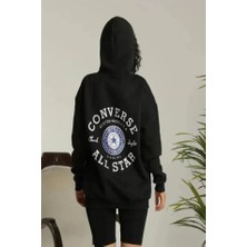 Mazıdağı Unisex Kapüşonlu Üç Iplik Oversize Baskılı Sweatshirt - Siyah