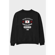 Ankhises Yokohama Capital City Ön Baskılı Siyah Oversize Sweatshirt Erkek Kadın Bisiklet Yaka