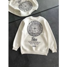 Mazıdağı Kışlık Bisiklet Yaka Ön ve Arka Baskılı Sweatshirt - Beyaz