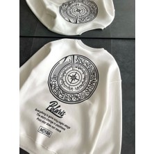 Mazıdağı Kışlık Bisiklet Yaka Ön ve Arka Baskılı Sweatshirt - Beyaz
