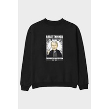 Ankhises Thomas Alfa Edison Ön Baskılı Siyah Oversize Sweatshirt Erkek Kadın Bisiklet Yaka