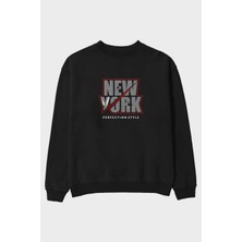 Ankhises New York Perfection Style Ön Baskılı Siyah Oversize Sweatshirt Erkek Kadın Bisiklet Yaka