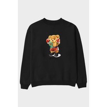 Ankhises Teddy Bear Victory Ön Baskılı Siyah Oversize Sweatshirt Erkek Kadın Bisiklet Yaka
