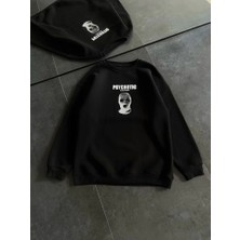 Mazıdağı Kışlık Bisiklet Yaka Baskılı Sweatshirt - Siyah