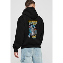 Ankhises Tom ve Jerry Arka Baskılı Siyah Oversize Kapüşonlu Sweatshirt Erkek Kadın