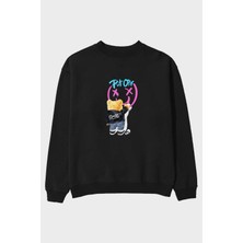 Ankhises Put On Smile Bear Ön Baskılı Siyah Oversize Sweatshirt Erkek Kadın Bisiklet Yaka