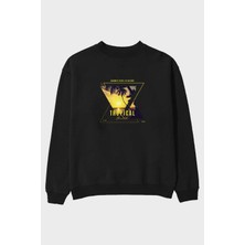 Ankhises Summer Vibes Yazılı Ön Baskılı Siyah Oversize Sweatshirt Erkek Kadın Bisiklet Yaka