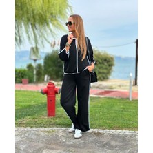 Mazıdağı Kadın Bisiklet Yaka Fakir Kol Biye Detay Bluz ve Yüksek Bel Lastikli Pantolon Ikili Takım