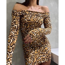 Mazıdağı Kadın Madonna Mendil Yaka Leopar Desen Mini Elbise