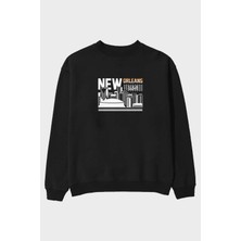Ankhises New Orleans Ön Baskılı Siyah Oversize Sweatshirt Erkek Kadın Bisiklet Yaka