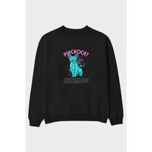 Ankhises Psychocat Ön Baskılı Siyah Oversize Sweatshirt Erkek Kadın Bisiklet Yaka