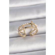 Shopzum Pirinç Gold Renk Ayarlanabilir Zirkon Taşlı Incili Yıldız Model Kadın Yüzük