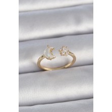 Shopzum Pirinç Gold Renk Incili Hilal Zirkon Taşlı Yıldız Ayarlanabilir Model Kadın Yüzük