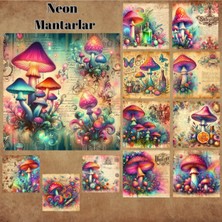 Pink Swan Craft Neon Mantarlar Vintage 12 Adet Scrapbook Bullet Journal Mat Planlayıcı Sticker Etiket Seti