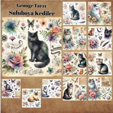 Pink Swan Craft Grunge Kediler Vintage 12 Adet Scrapbook Bullet Journal Mat Planlayıcı Sticker Etiket Seti