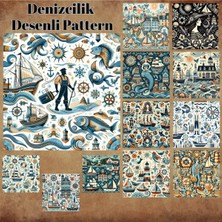 Pink Swan Craft Deniz Temalı Desenler Vintage 12 Adet Scrapbook Bullet Journal Mat Planlayıcı Sticker Etiket Seti