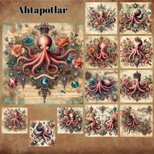 Pink Swan Craft Ahtapotlar Vintage 12 Adet Scrapbook Bullet Journal Mat Planlayıcı Sticker Etiket Seti