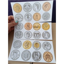 Pink Swan Craft Kolleksiyon Bozuk Para Coins Sticker Seti 4 x 4 cm 24 Adet Defter Kitap Planlayıcı Etiket Seti