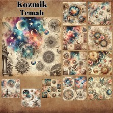 Pink Swan Craft Kozmik Temalı Vintage 12 Adet Scrapbook Bullet Journal Mat Planlayıcı Sticker Etiket Seti