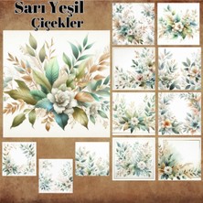 Pink Swan Craft Sarı Yeşil Çiçekler Yapraklar Vintage 12 Adet Scrapbook Bullet Journal Mat Planlayıcı Sticker Seti