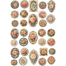 Pink Swan Craft Vintage Çiçekli Dekupaj Etiket Seti 31 Adet Renkli Scrapbook Planlayıcı Sticker Seti