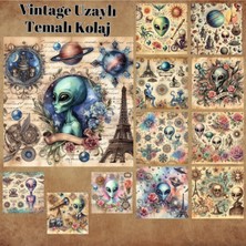 Pink Swan Craft Uzaylı Temalı Vintage 12 Adet Scrapbook Bullet Journal Mat Planlayıcı Sticker Etiket Seti