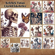 Pink Swan Craft Çiçekli Kelebek Tutan Iskeletler 12 Adet Scrapbook Bullet Journal Mat Planlayıcı Sticker Etiket Seti