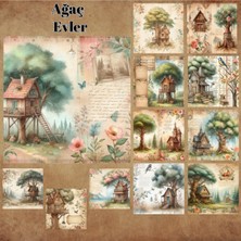 Pink Swan Craft Ağaç Evler Vintage 12 Adet Scrapbook Bullet Journal Mat Planlayıcı Sticker Etiket Seti