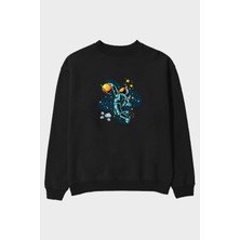 Ankhises Astronot Basketbol Ön Baskılı Siyah Oversize Sweatshirt Erkek Kadın Bisiklet Yaka
